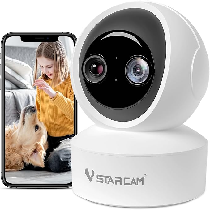 VSTARCAM Indoor Security Camera,2K HD 360° PTZ Dog Pet Camera with Phone APP, Night Vision, 2-Way Audio, Hybrid Zoom, 2.4G WiFi Dual Monitor, 7/24 Recording, Cloud/SD Card Storage (CS49D)