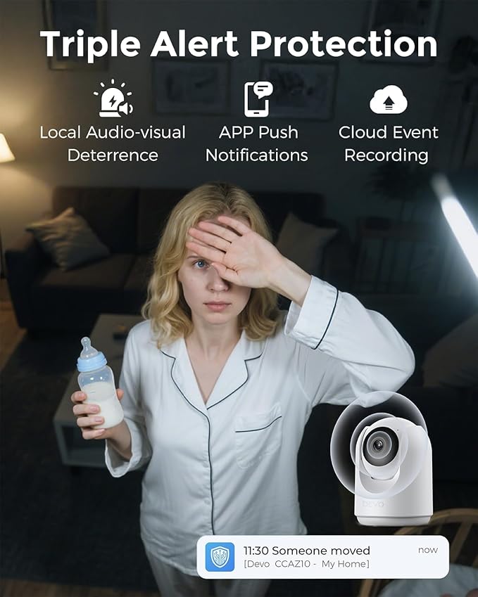 Devo Indoor Smart Cameras for Home Security 2K, 355° Pan-Tilt Human Pet Dog Baby Monitor Camera with Phone App, WiFi Motion Detection, 2-Way Audio, Color Night Vision 256GB SD Card & Cloud White