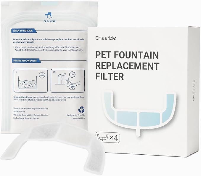 Cheerble Replacement Filters for Cheerble E1 Lite, Pumpless Cat Water Fountain, Two-Three Months Set of Replacement Filters for Ultra Quiet Pet Water Fountain, White, 4 Count (Pack of 1)