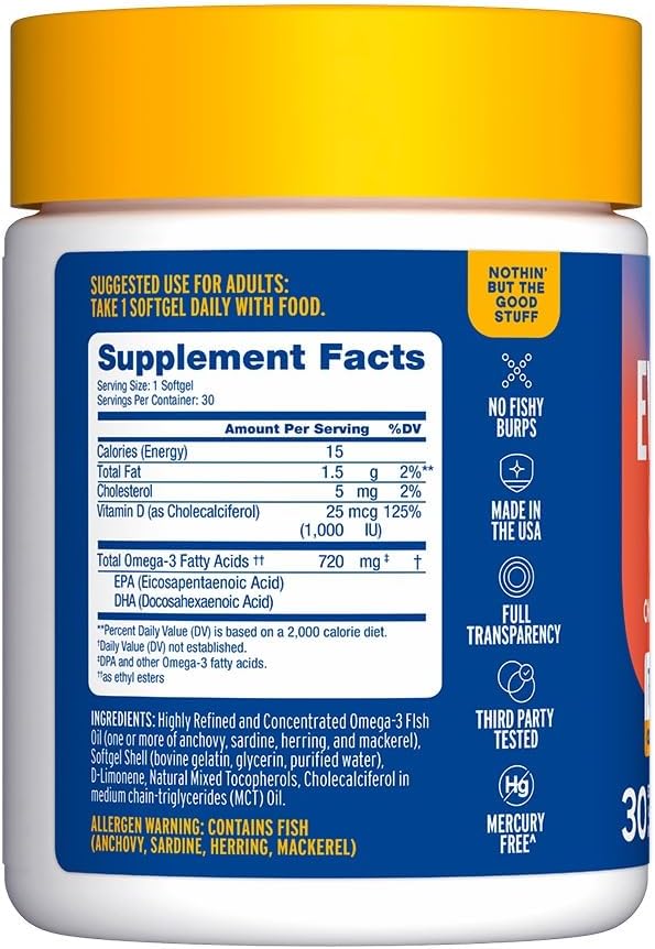 Oceanblue Omega 3 Supplement for Women | Burpless Fish Oil 720mg with Vitamin D3 | Heart Immune Support, Molecularly Distilled Orange Flavor (30 Count One a Day Omega)