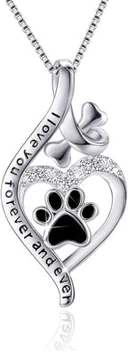 VANLAMS Womens 925 Sterling Silver Bone Love Heart Dog Paw Print Pendant Necklace I Love You Forever and Ever, Gifts for Dog Owner