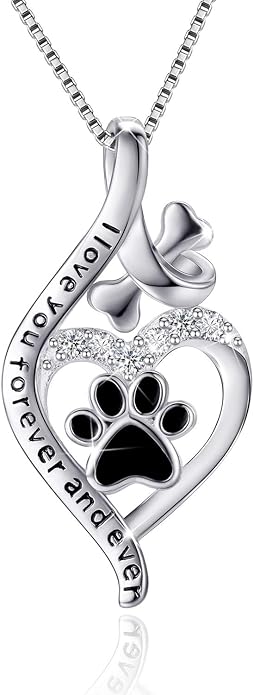 VANLAMS Womens 925 Sterling Silver Bone Love Heart Dog Paw Print Pendant Necklace I Love You Forever and Ever, Gifts for Dog Owner