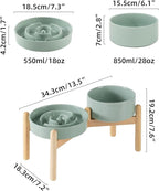 Ceramic Raised Slow Feeder Dog Bowl Set, Elevated 6.1inch Bowl and 7.3inch Puzzle Slow Food Dish with Wooden Stand for Small and Medium Dog, Anti-Gulping (2X Light Green+ Stand)