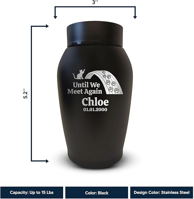 Personalized Custom Small Keepsake Urn Engraved with Pet Name, Date and Cat Design - 5.2" Black Powder Coated Steel Cremation Urn for Cat Ashes | 12-16 lb Capacity, Rainbow