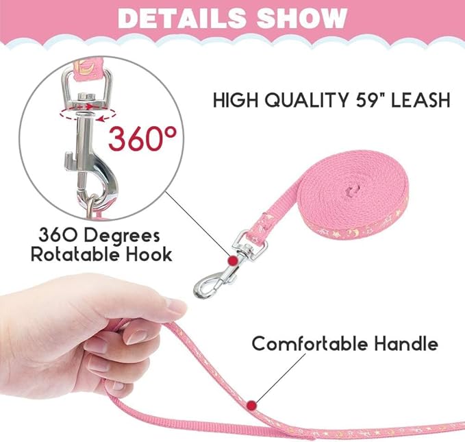 PAWCHIE Cat Harness with Leash and Collar Set - Escape Proof Adjustable H-shped Cat Harness with Star and Moon Pattern Glow in The Dark for Kitty Outdoor Walking