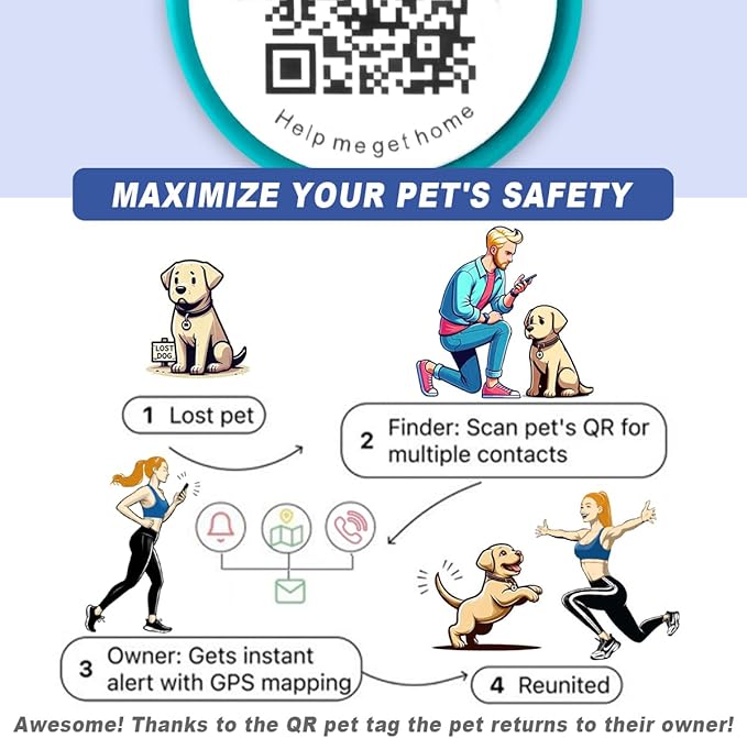 Dog Tags Personalized,QR Code Smart Pet ID Name Tag,Instant Location Alerts,Easy Online Profile Updates,No Fees,No Apps,Anti-Lost,Waterproof Silicone Dog Cat Tag for Small,Medium,Large Dogs(Blue)