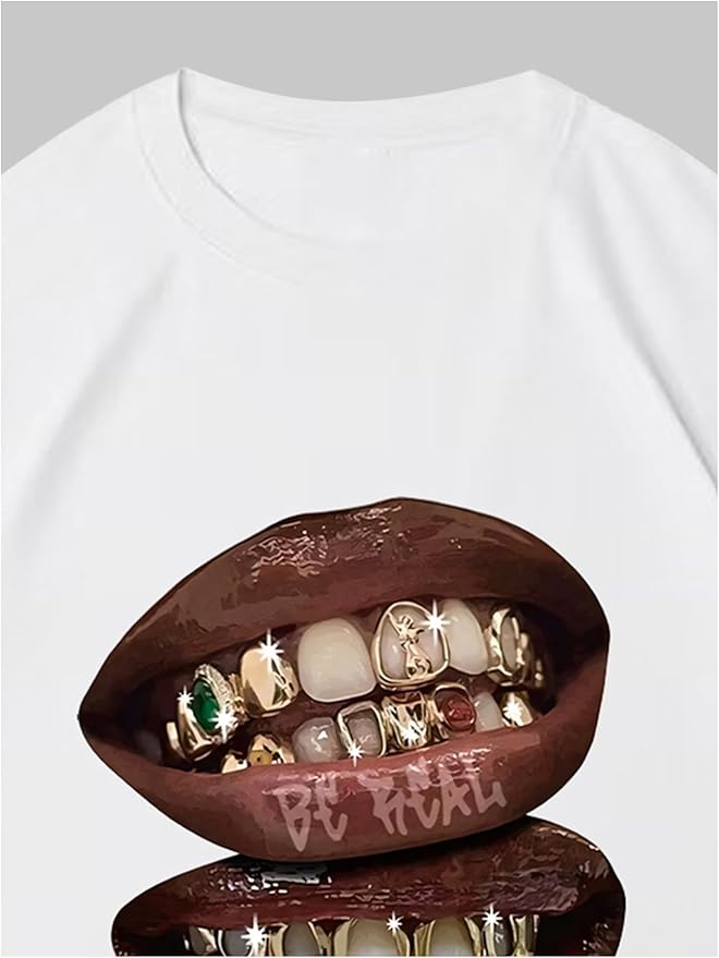 Verdusa Women's Lips Print Graphic Tees Y2k T Shirts Summer Crew Neck Vintage Going Out Tops