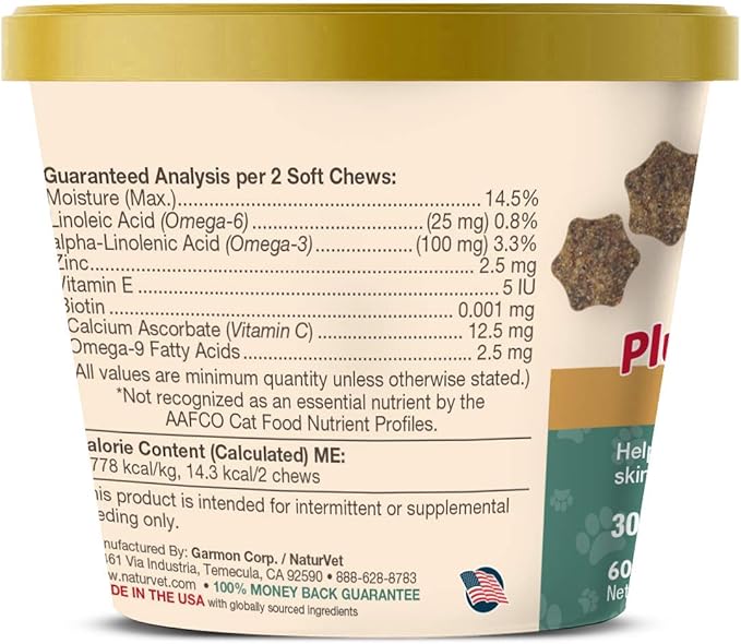 NaturVet – Skin & Coat Plus Omegas for Cats – 60 Soft Chews | Supports Healthy Skin & Glossy Coat | Enhanced with Omega-3, Omega-6 & Biotin | 30 Day Supply