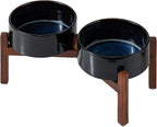 Ceramic 7.3inch Raised Double Dog Bowls Set with Acacia Wood Stand, Food & Water Bowls for Medium Breed Dogs, Weighted Pet Dishes(41oz, Starry Sky)