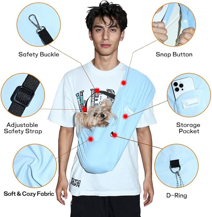 Dog Sling Carrier – Ice Silk Dog Slings for Small Dogs up to 10 lbs, Breathable Dog Carrier Sling with Adjustable Safety Strap & Buckle, Portable Cat Sling Carrier (Blue)