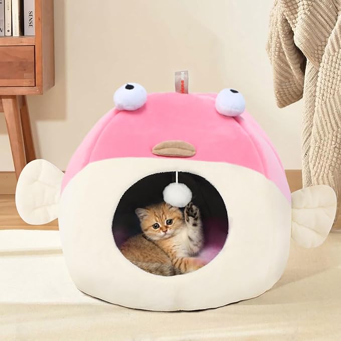 Vanansa Cat Bed for Indoor Cats, Large Covered Cat Bed with Anti-Scratch Lining, Ultra Soft Cat Hideaway, Warm Cute Cat House with Hanging Toy, Pet Bed for Large Cats, Puppy Dog 9-13LB (L, 18" x 15")
