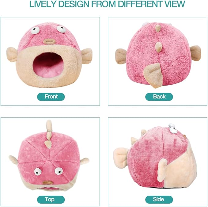 Cat Beds for Indoor Cats - Cat Bed Cave with Removable Washable Cushioned Pillow, Soft Plush Premium Cotton No Deformation Pet Bed, Lively Pufferfish Cat House Design, Pink, Multiple Sizes(S)