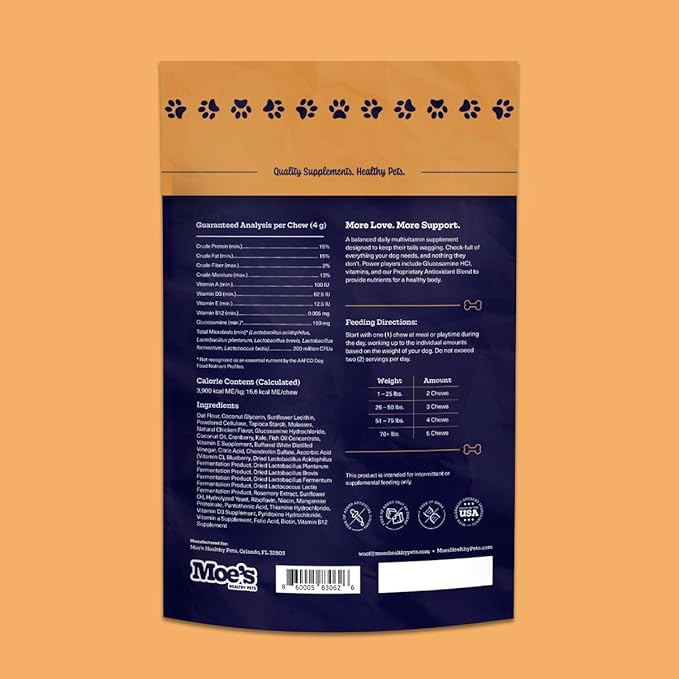 Moe’s 5-in-1 Essential Dog Multivitamin 90 Chicken Flavored Chews for Dog's Immune Support, Heart, Skin, Coat, & Overall Health- Vitamins A, B12, C, D, E, Antioxidants, Omega 3 for All Ages & Breeds