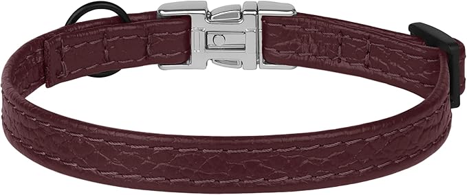 Leather Cat Collar with Buckle and Removable Bell - Non Breakaway Adjustable Soft Safety Small Pet Collars for Girl Boy Cats Kitten (Burgundy)