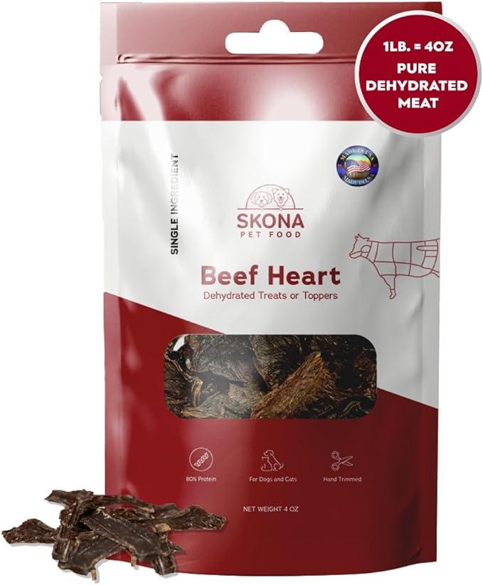 Skona PetFood Beef Heart Jerky Dog Treats & Cat Jerky Treats, High Protein, Single-Ingredient Training Snacks, Grain-Free, USA Made, Rich in Taurine, Supports Digestion & Dental Health, 4oz