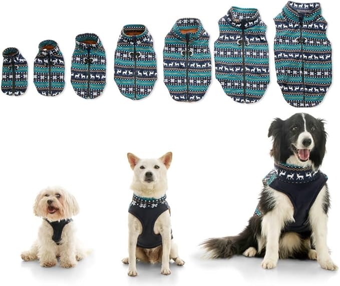 Gooby Zip Up Fleece Dog Sweater - Deer Blue, Medium - Warm Pullover Fleece Step-in Dog Jacket with Dual D Ring Leash - Winter Small Dog Sweater - Dog Clothes for Small Dogs Boy and Medium Dogs