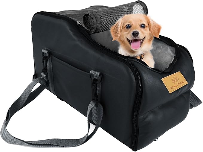 Multipurpose Console Dog Car Seat for Small Dogs & Cats， Portable Pet Carrier with Safety Tether & Storage Pockets (Black, Middle)