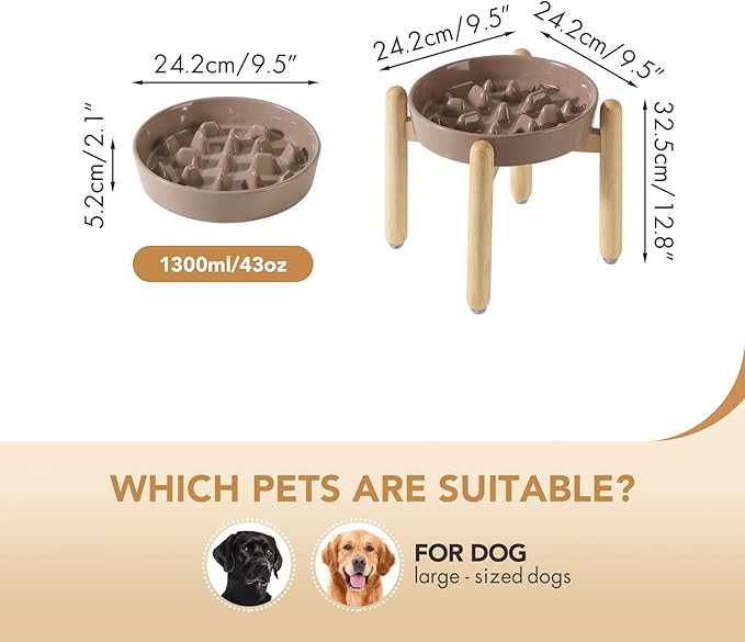 9.5inch Ceramic Dog Raised Slow Feeder Set, Elevated Bowl with Wooden Stand for Large Dog, Slow Feeder Dish for Fast Easters, Anti-Gulping(Brown Coffee, Single Bowl+ Stand)