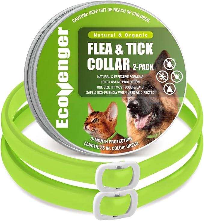 EcoVenger Flea Collars for Dogs & Cats - Flea & Tick Repellent 2-Pack Green. Built-in Pant-Based Formula Strong Repellency Slow Release, Lasting Protection, Pleasant Aroma, Waterproof