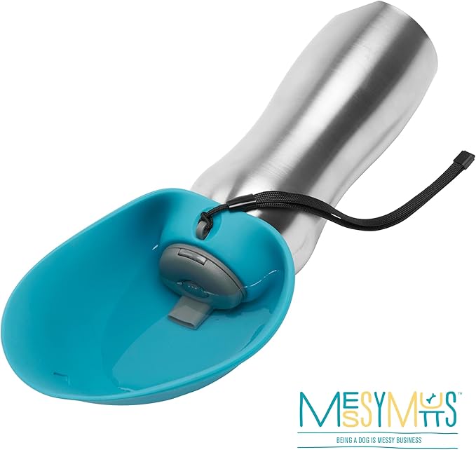 Messy Mutts Stainless Steel Travel Water Bottle with Silicone Flip Up Bowl | Pet Travel Necessity | Camping, Hiking, Walking Accessory | 24 oz / 700mL | Watermelon