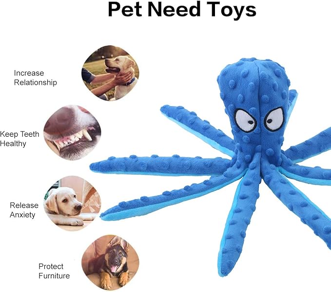 Dog Squeaky Toys Octopus - No Stuffing Crinkle Plush Dog Toys for Puppy Teething, Durable Interactive Chew Toys for Small, Medium and Large Dogs Training and Reduce Boredom, 2 Pack