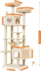 Taoqimiao Cat Tree, 68-Inch Cat Tree Cat Tower for Indoor Cats, Plush Multi-Level Cat Condo with 6 Scratching Posts, 2 Perches, 2 Caves,Hammock, 3 Pompoms,MS020SM Beige