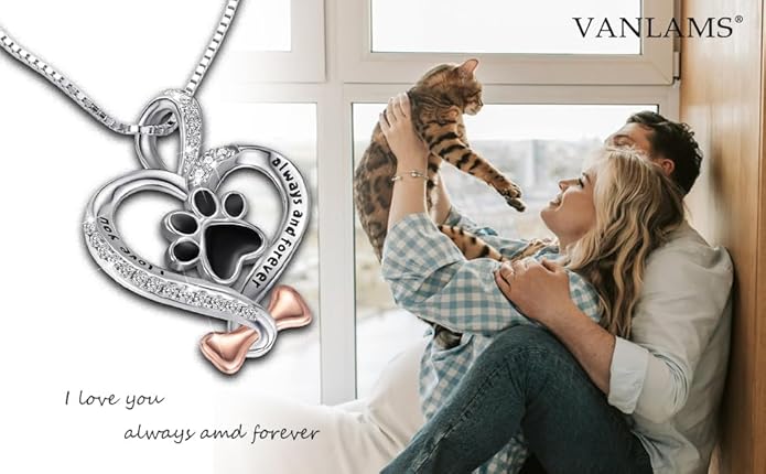 VANLAMS Womens 925 Sterling Silver Bone Love Heart Dog Paw Print Pendant Necklace I Love You Forever and Ever, Gifts for Dog Owner
