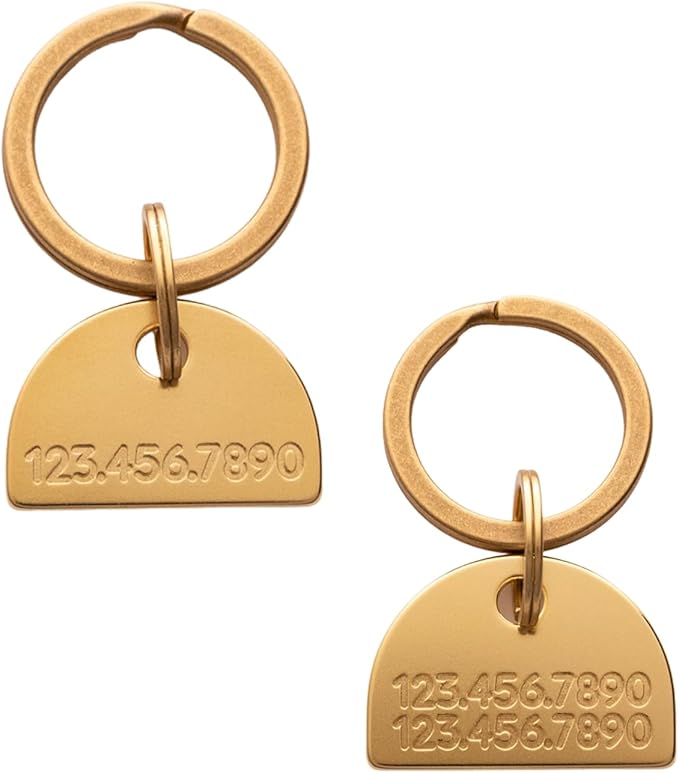 Solid Brass PET TAG - Modern, Minimal Pet IDs. Durable, Lifetime Tags with deep Cut Text. Includes Space for Two Phone Numbers. (Arch)