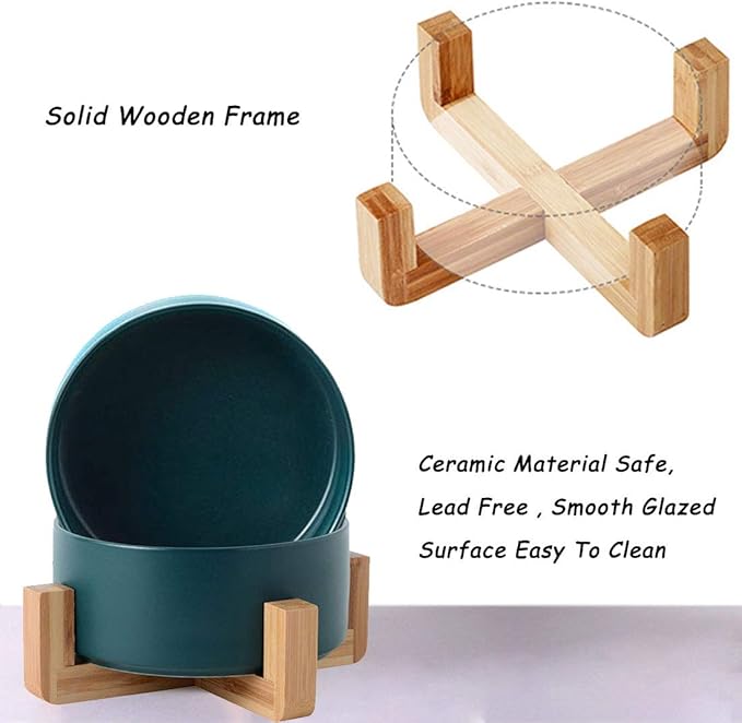 Petygooing Ceramic Dog Cat Bowl Set with Stand,Medium Dog Bowls,Pet Food and Water Dish, Anti -Slip Set of 2 Cat Bowls-Pet Food Bowl- Pet Dish Small Medium Size Pet (28 OZ /3.6 Cups) Green