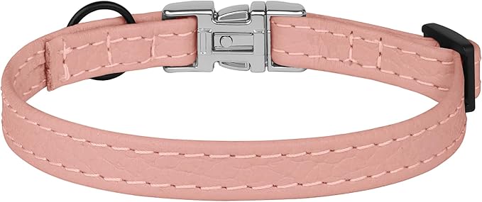 Leather Cat Collar with Buckle and Removable Bell - Non Breakaway Adjustable Soft Safety Small Pet Collars for Girl Boy Cats Kitten (Flamingo)