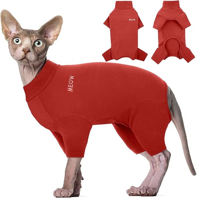 ROZKITCH Hairless Cat Clothes, Breathable Soft Cat Jumpers for Cats Only, Cat Coat with Four Legs, Warm Cat Sweater Cat T-Shirt Cat Pajamas Jumpsuit Vest Cornish Rex Devon Rex Peterbald Red M