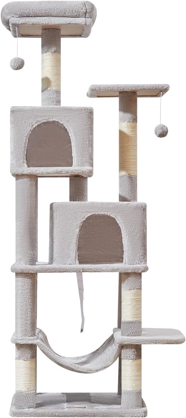 Taoqimiao Cat Tree, 61-Inch Cat Tower for Indoor Cats, Plush Multi-Level Cat Condo with 5 Scratching Posts, 2 Perches, 2 Caves, Hammock, 2 Pompoms, Light Gray MS013SW