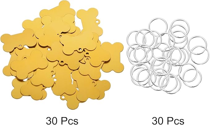 MECCANIXITY Bone Shaped Dog Tag Pet ID Tags, 38mmx25mm/1.5" x1 Metal Yellow Blank Dog Tags Cat Tags with Ring for Dog Cat, Pendant Crafts, Pack of 30