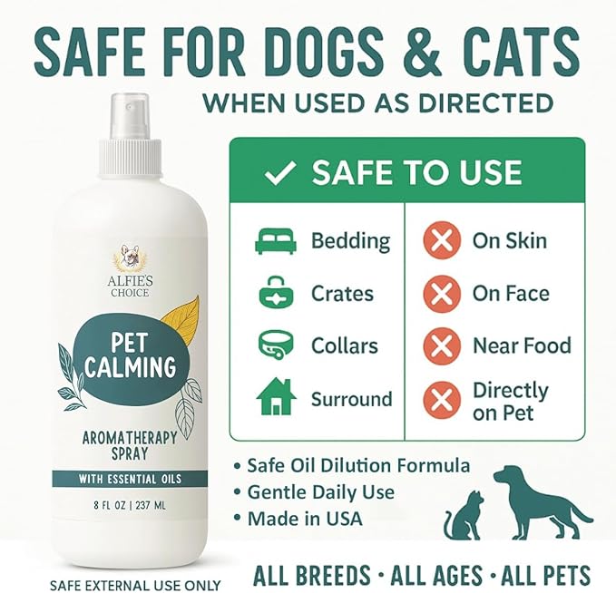 ALFIE'S CHOICE Pet Calming Aromatherapy Spray | 8 fl oz | for Cats & Dogs | Water Based Botanical Mist with Lavender, Ylang Ylang & Valerian | Promotes Calm and Relaxed Environment