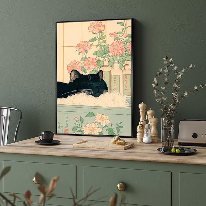 Relaxation Japanese Poster Print Cute Black Cat Wall Art Decor Bathtub Pink Flowers and Green Leaves Picture Canvas Minimalist Japan Artwork for Bathroom Bedroom Toilet 16x24inch Metal Black Frame