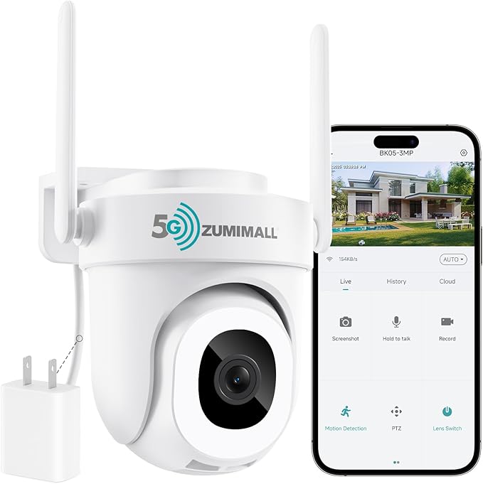 ZUMIMALL 3MP Security Camera Outdoor - 360° PTZ Auto Tracking | 24/7 Recording Wired Power, 2.4G/5G Wireless WiFi | Motion & Noise Detection, Color Night Vision, 2-Way Audio | Compatible with Alexa