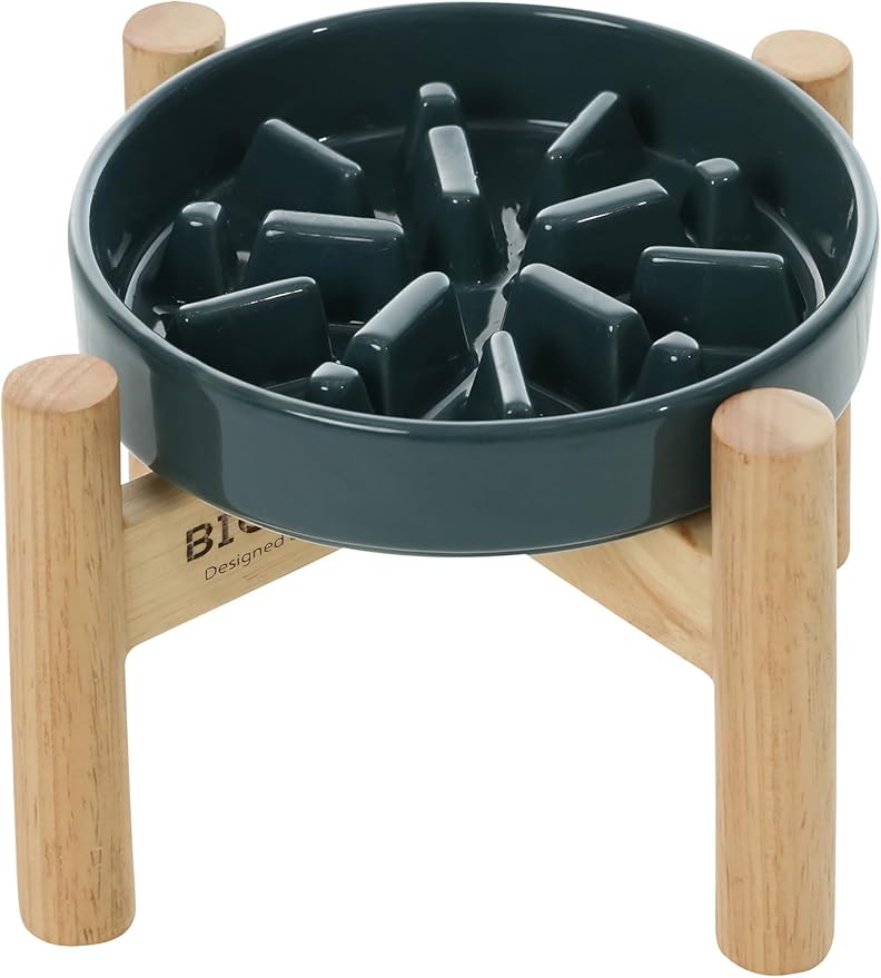 Ceramic Maze Dog Slow Feeder with Non-Slip Silicone Rim (& Bamboo Stand) – Heavy-Duty Stoneware Bowl with Puzzle Pattern for Bloating & Obesity Prevention (Raised-Blue-S)