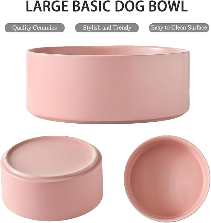 8'' Ceramic Dog Bowl - 70Oz Classic Dogs Food & Water Bowl for Medium and Large Breeds, Heavy-Duty Non-Slip Dog Dish, Food Grade Stoneware Pet Bowl, Dishwasher & Microwave Safe, Pink
