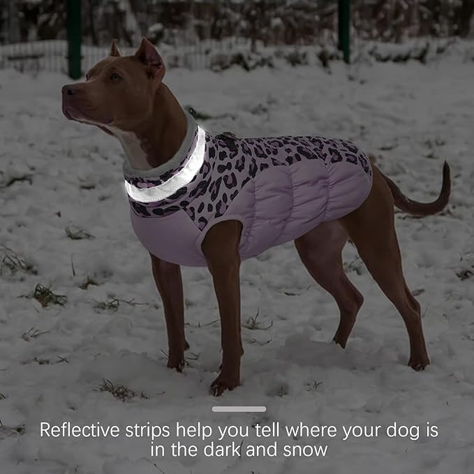FUAMEY Dog Coat for Large Dogs,Waterproof Dog Winter Jacket with Harness Built in Puppy Cold Weather Coats Reflective Pet Vest with Zipper Warm Fleece Dogs Snowsuit Windproof Purple Leopard XXXL
