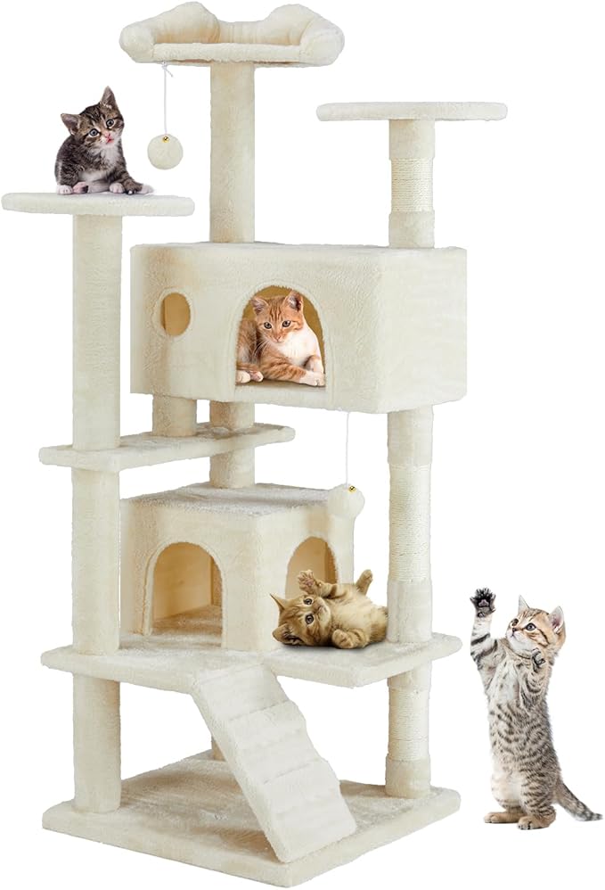 DUMOS 54-inch Indoor Cat Tree Tower –Multi-Level Pet House for Large Cats with 2 Condos, Scratching Posts, Round Platform, Small Ladder, and Toys, Beige