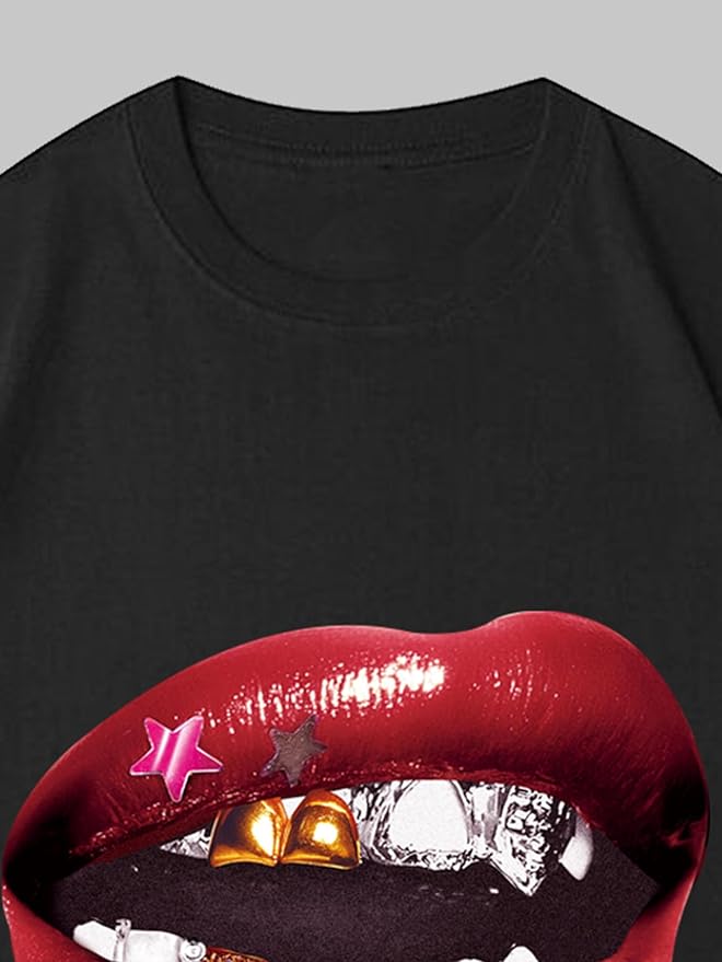 Verdusa Women's Lips Print Graphic Tees Y2k T Shirts Summer Crew Neck Vintage Going Out Tops