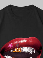 Verdusa Women's Lips Print Graphic Tees Y2k T Shirts Summer Crew Neck Vintage Going Out Tops