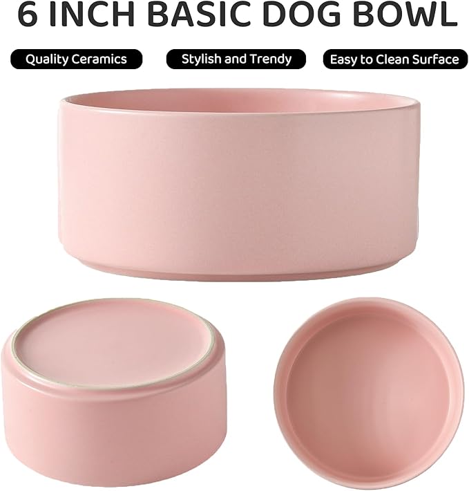 Raised Ceramic Dog Bowl Set - Elevated Dog Bowls with Non Slip Bamboo Stand, Food and Water Bowl Set for Small and Medium Breed Dogs, Pet Bowls, Weighted Dogs Dishes (6'', 2 * 30OZ, Pink)