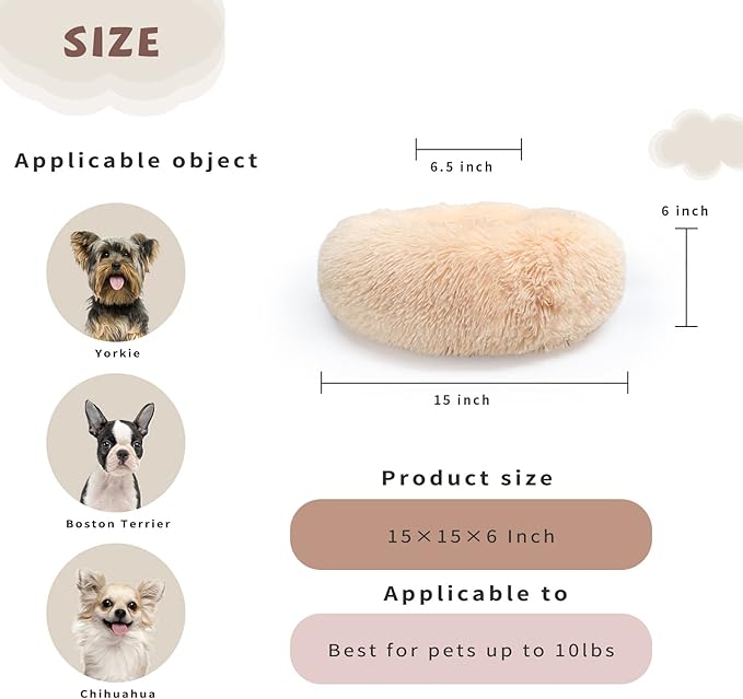 Light Brown Dog Bed Washable,Fluffy Dog Beds for Small Dogs 15 inches Donut Soft Small Pet Bed,Calming Anti Anxiety Round Fits up to 5 lbs Warm Comfort Pets Beds for Puppy Dogs Indoor
