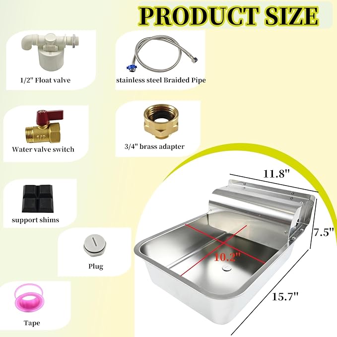 11L Automatic Dog Water Dispenser, 304 Stainless Steel with Water Valve Switcher and 3/4'' Brass Adapter, with Drain Hole for Dog, Cat, Alpaca, Chickens, Livestock