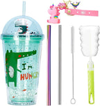 Dinosaur Cups with straw Travel Tumblers Water Bottle Ice Coffee Mugs Plastic Party Cup Birthday Gift (green dinosaur, 6.5 * 20 cm)