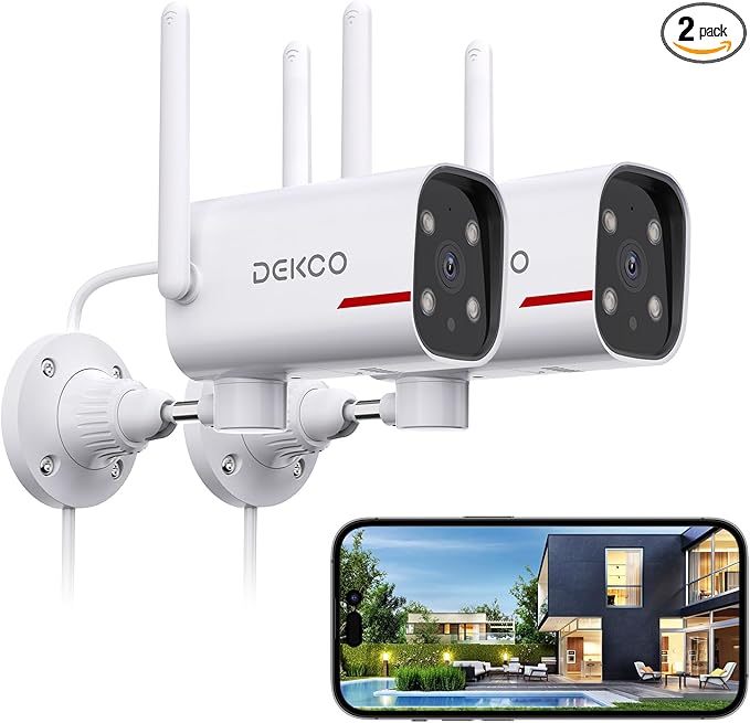 DEKCO 2 Pack Outdoor Security Camera with 2K Color Night Vision, Pan Rotating 180° Wired WiFi Camera Support 24/7 Recording, 2.4GHz WiFi, AI Human Auto Tracking, Work with Alexa/Google Assistant