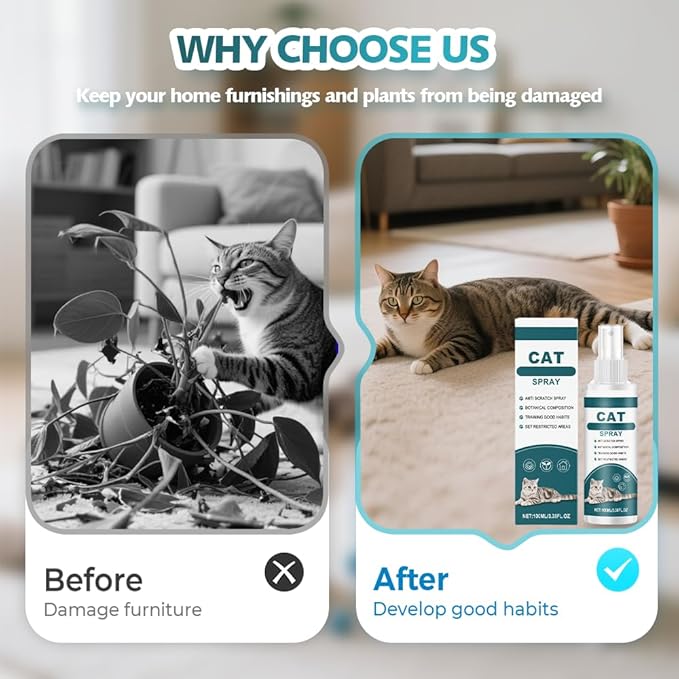 Effective Cat Deterrent Spray, Natural Cat Repellent Indoor Outdoor, Safe Cats Scratch Deterrent for Furniture, Cats Spray Deterrents for Urine Marking in House, 3.38 FL Oz (3)