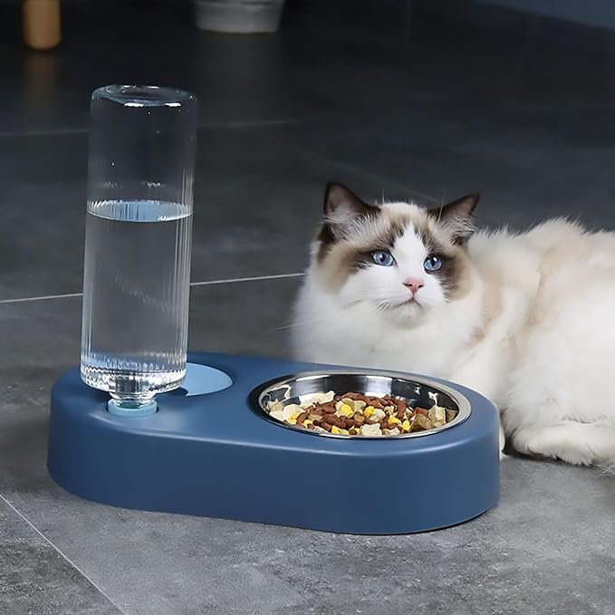 Automatic Dog Cat Food and Water Dispenser Set, Pet Food Bowl Set with Automatic Waterer Bottle for Small or Medium Size Dogs Cats Large Water Capacity(23oz) White