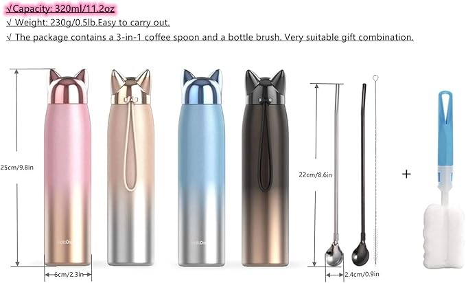 Insulated Bottle for Cat Lover Gift: 11oz Slim Stainless Steel Water Bottle Leak-Proof for Travel Backpack - Small Cute Cat Tumbler Coffee Flask for Women Purse - Black 320ml